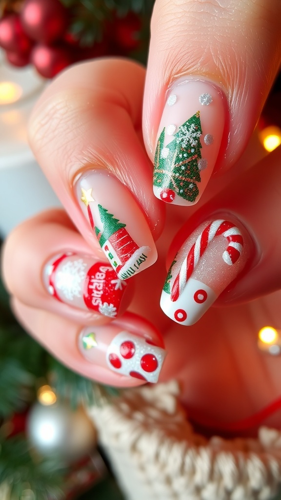 Colorful Christmas nail art with snowflakes, trees, and candy canes on a festive background.
